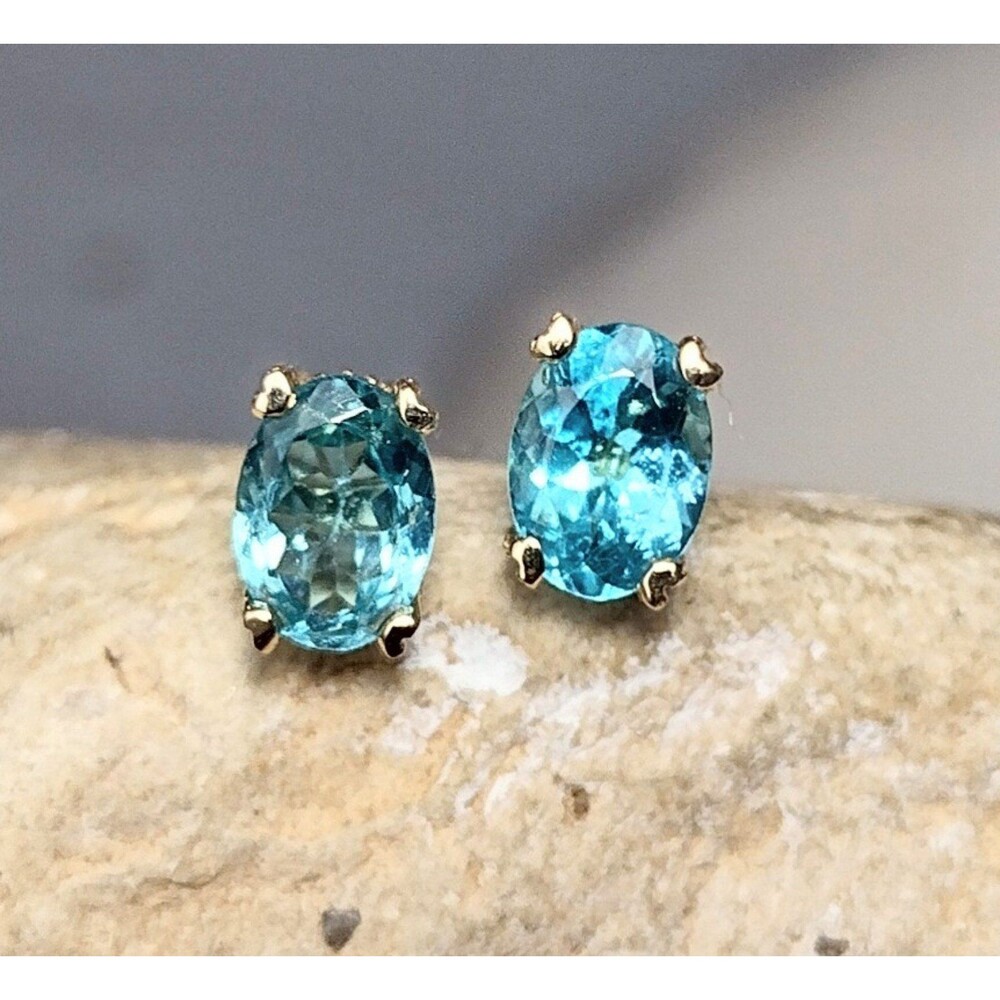 14k Solid Gold Swiss Blue Topaz Oval Stud Earrings 1.3gr